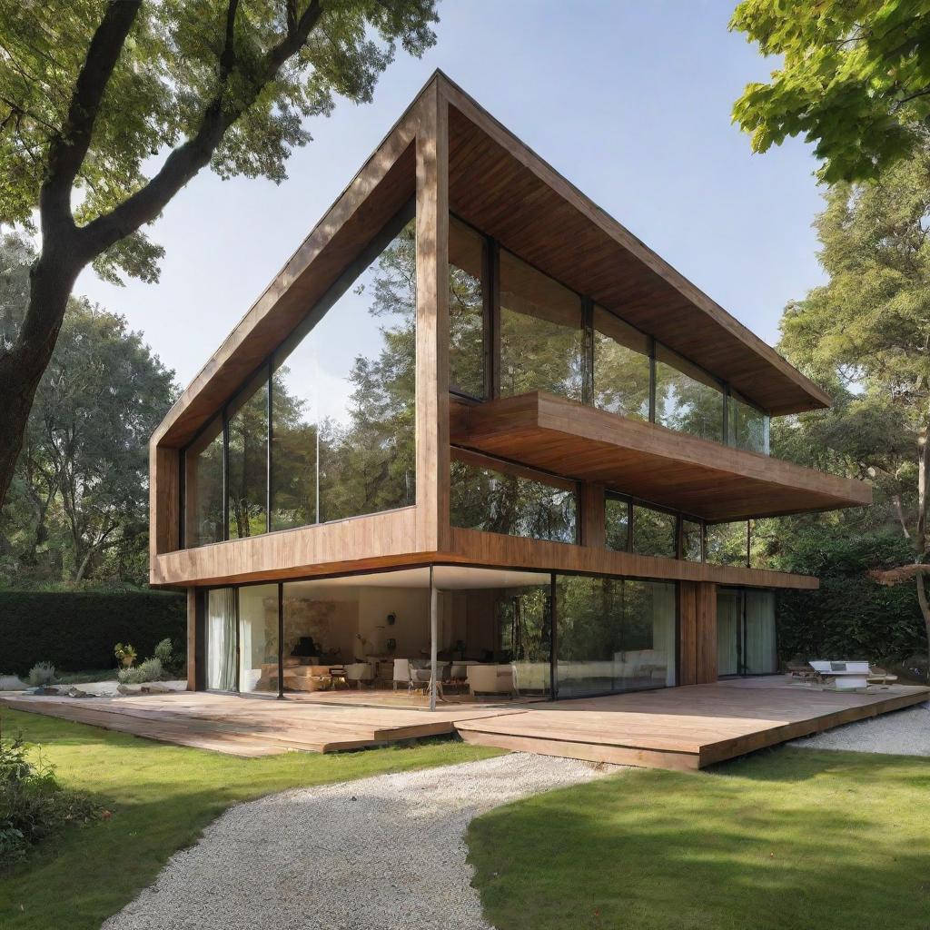 Exterior view of a striking house combined with workspace, utilizing principles of biomimicry architecture, suitable for a fashion designer's creativity