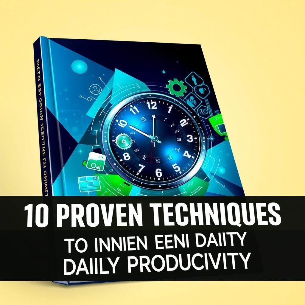 A captivating book cover for a personal development guide titled "10 Proven Techniques to Increase Daily Productivity