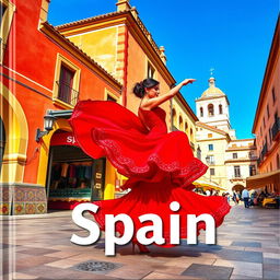 A scenic cover image depicting the essence of Spain, featuring a vibrant flamenco dancer in a flowing red dress, with traditional Spanish architecture in the background