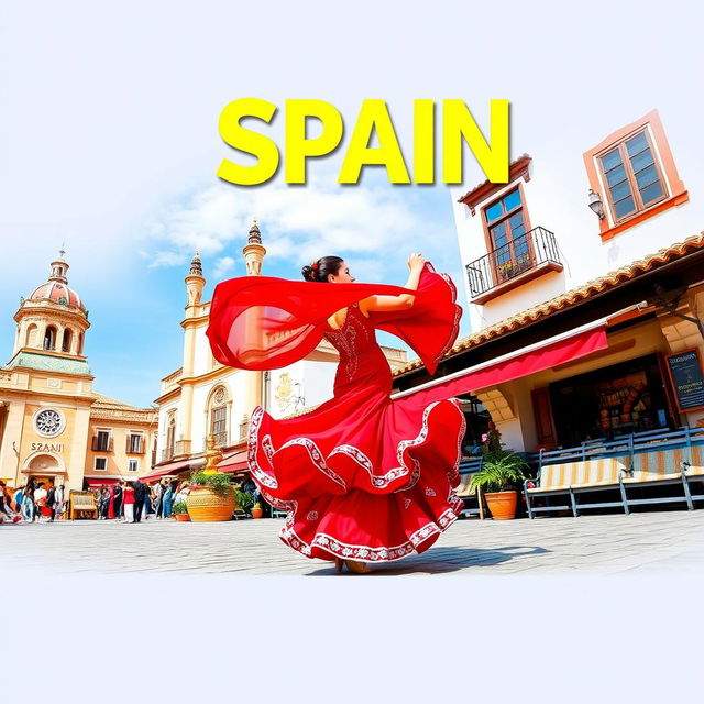 A scenic cover image depicting the essence of Spain, featuring a vibrant flamenco dancer in a flowing red dress, with traditional Spanish architecture in the background