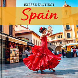 A scenic cover image depicting the essence of Spain, featuring a vibrant flamenco dancer in a flowing red dress, with traditional Spanish architecture in the background