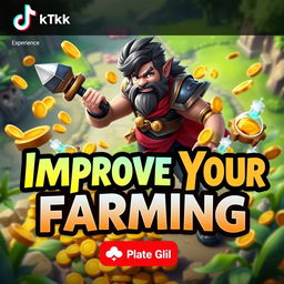 An engaging TikTok thumbnail about improving farming skills in League of Legends, featuring a vibrant graphic of a League of Legends character wielding a weapon