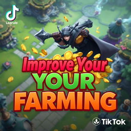 An engaging TikTok thumbnail about improving farming skills in League of Legends, featuring a vibrant graphic of a League of Legends character wielding a weapon