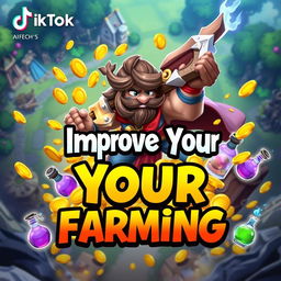 An engaging TikTok thumbnail about improving farming skills in League of Legends, featuring a vibrant graphic of a League of Legends character wielding a weapon