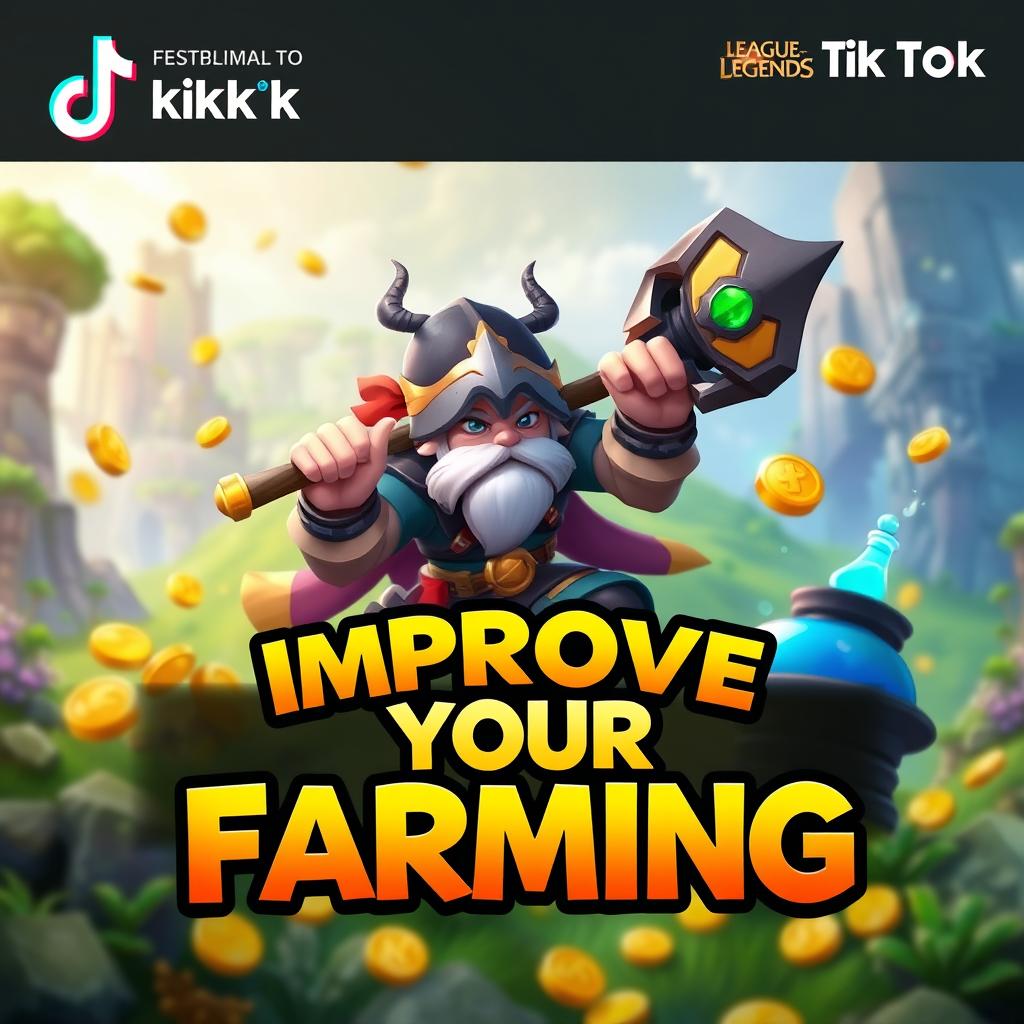 An engaging TikTok thumbnail about improving farming skills in League of Legends, featuring a vibrant graphic of a League of Legends character wielding a weapon