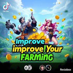 An engaging TikTok thumbnail about improving farming skills in League of Legends, featuring vibrant graphics of popular League of Legends characters such as Yasuo and Ahri in action poses