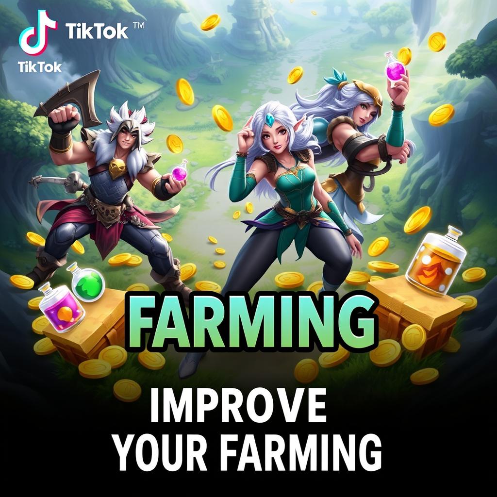 An engaging TikTok thumbnail about improving farming skills in League of Legends, featuring vibrant graphics of popular League of Legends characters such as Yasuo and Ahri in action poses