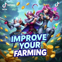 An engaging TikTok thumbnail about improving farming skills in League of Legends, featuring vibrant graphics of popular League of Legends characters such as Yasuo and Ahri in action poses