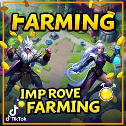 An engaging TikTok thumbnail about improving farming skills in League of Legends, featuring vibrant graphics of popular League of Legends characters such as Yasuo and Ahri in action poses