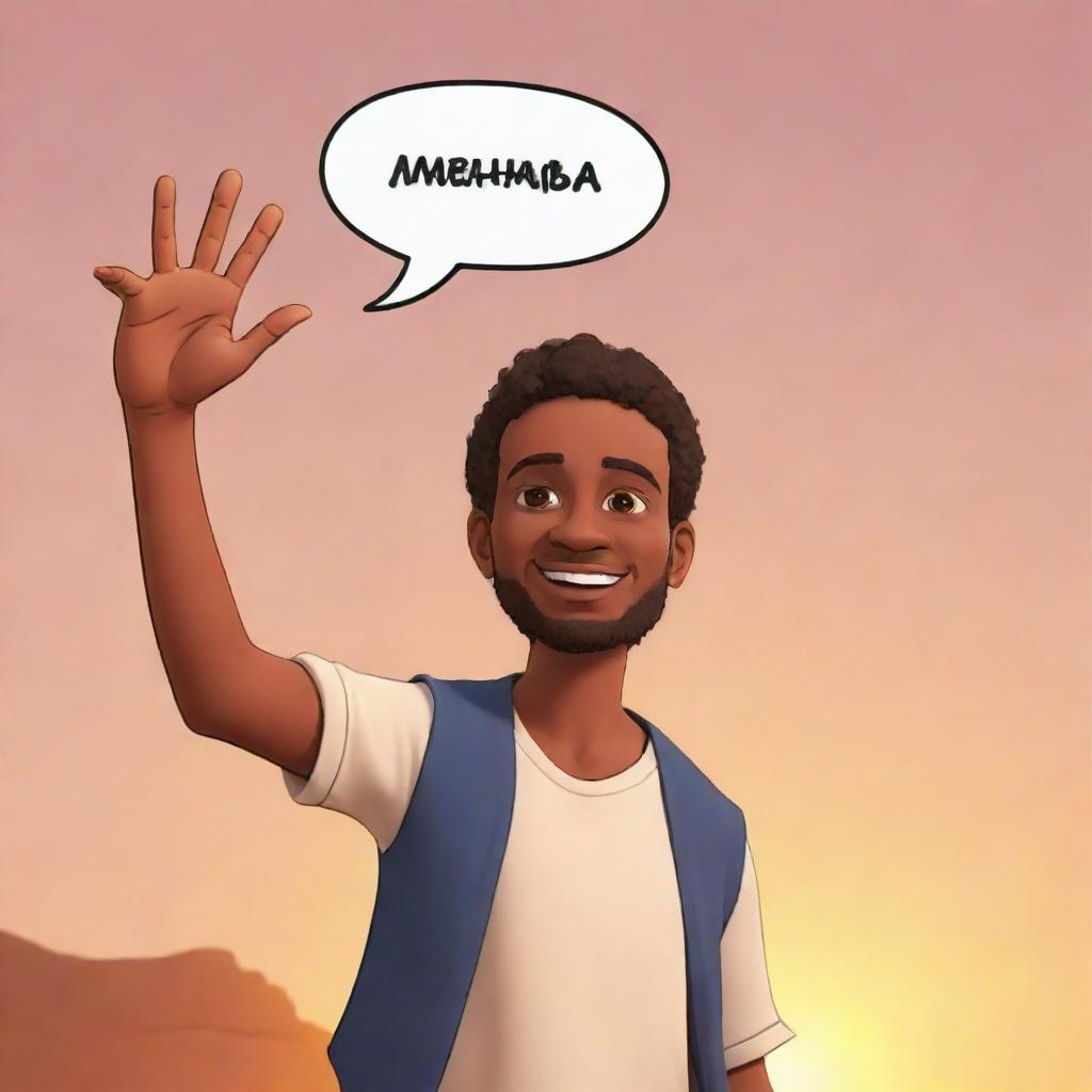 A cartoon avatar enthusiastically waving with a speech bubble, saying 'Merhaba' against a warm sunset backdrop.