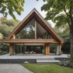 Exterior view of a striking house combined with workspace, utilizing principles of biomimicry architecture, suitable for a fashion designer's creativity