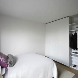 A small, aesthetically pleasing white bedroom with a window situated behind the bed casting natural light. Includes a well-designed dressing room