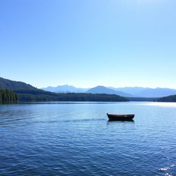 A peaceful, serene landscape featuring a calm lake surrounded by lush green forests and distant mountains under a clear blue sky