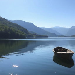 A peaceful, serene landscape featuring a calm lake surrounded by lush green forests and distant mountains under a clear blue sky