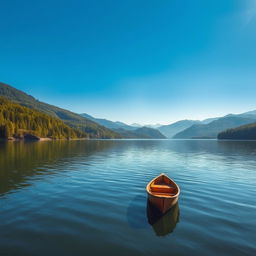 A peaceful, serene landscape featuring a calm lake surrounded by lush green forests and distant mountains under a clear blue sky