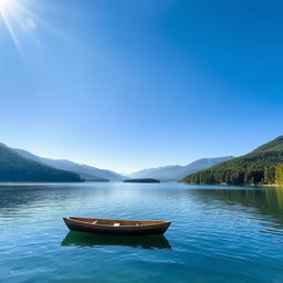 A peaceful, serene landscape featuring a calm lake surrounded by lush green forests and distant mountains under a clear blue sky