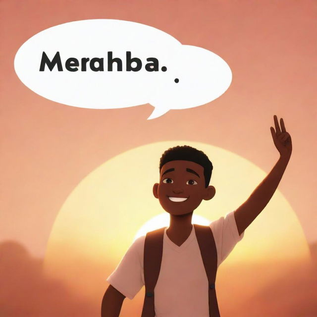 A cartoon avatar enthusiastically waving with a speech bubble, saying 'Merhaba' against a warm sunset backdrop.