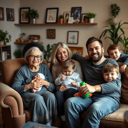 A happy multi-generational family gathered together in a cozy living room