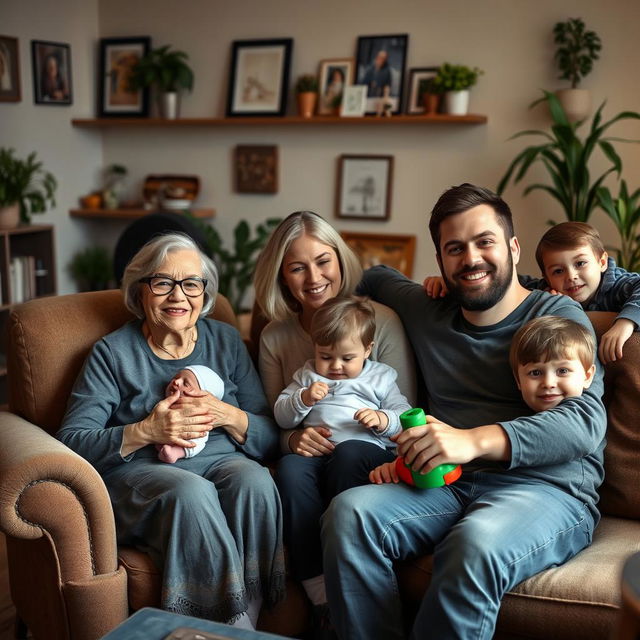 A happy multi-generational family gathered together in a cozy living room