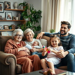 A happy multi-generational family gathered together in a cozy living room