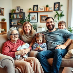 A happy multi-generational family gathered together in a cozy living room