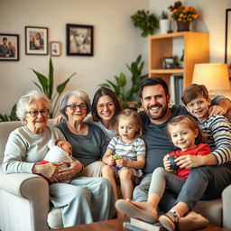 A happy multi-generational family gathered together in a cozy living room