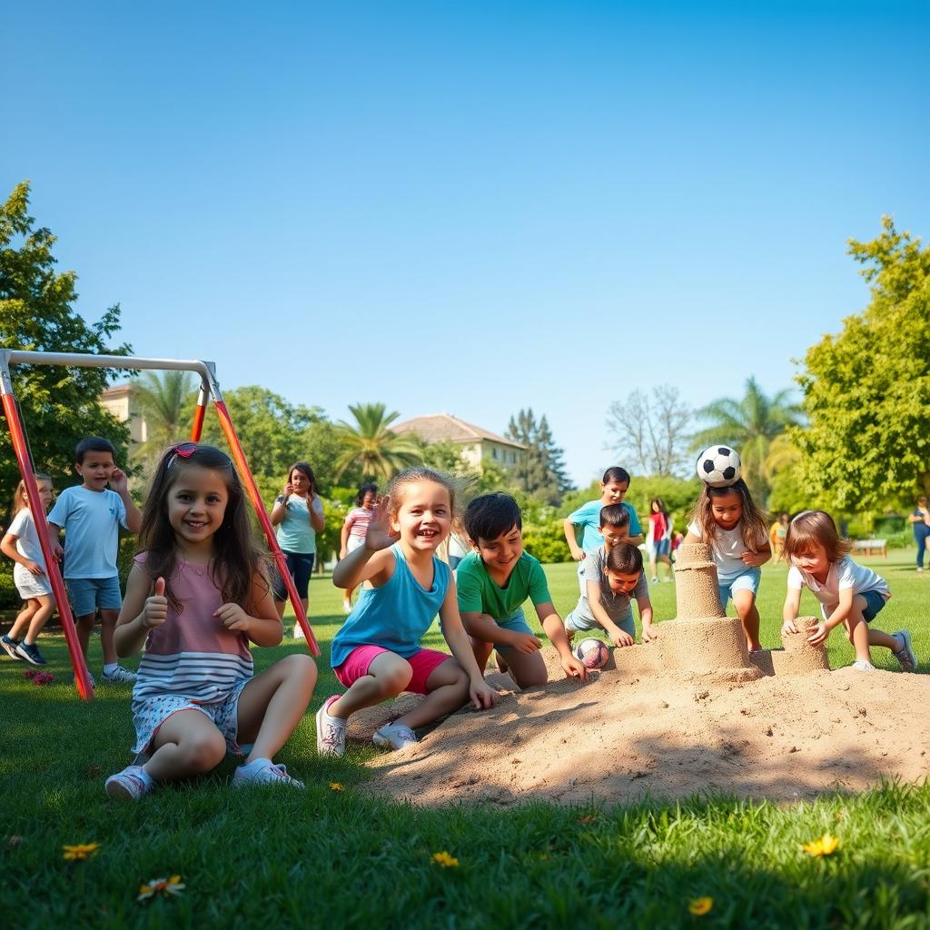 A lively scene of many children playing joyfully in a park, with some children on swings, others playing soccer, and a group of children building a sandcastle