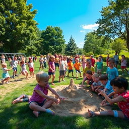 A lively scene of many children playing joyfully in a park, with some children on swings, others playing soccer, and a group of children building a sandcastle