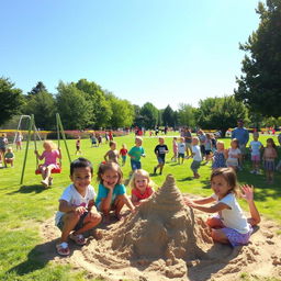 A lively scene of many children playing joyfully in a park, with some children on swings, others playing soccer, and a group of children building a sandcastle