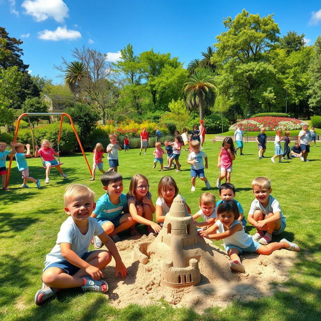 A lively scene of many children playing joyfully in a park, with some children on swings, others playing soccer, and a group of children building a sandcastle