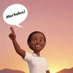 A cartoon avatar enthusiastically waving with a speech bubble, saying 'Merhaba' against a warm sunset backdrop.