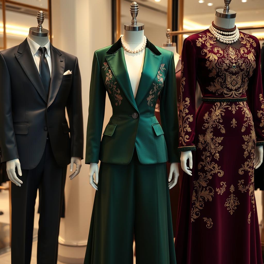 Elegant and sophisticated luxury clothing designs, featuring finely tailored suits, opulent evening gowns with intricate embroidery, and contemporary fashion pieces that exude grandeur