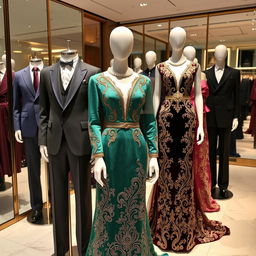 Elegant and sophisticated luxury clothing designs, featuring finely tailored suits, opulent evening gowns with intricate embroidery, and contemporary fashion pieces that exude grandeur