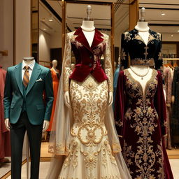 Elegant and sophisticated luxury clothing designs, featuring finely tailored suits, opulent evening gowns with intricate embroidery, and contemporary fashion pieces that exude grandeur