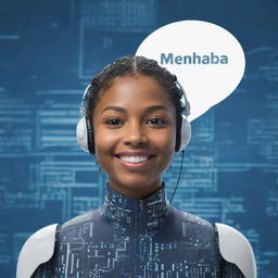 A friendly, smiling AI avatar greeting with 'Merhaba' in a speech bubble, against a background of digital circuitry.