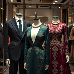 Elegant and sophisticated luxury clothing designs, featuring finely tailored suits, opulent evening gowns with intricate embroidery, and contemporary fashion pieces that exude grandeur