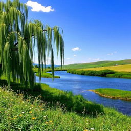 A serene landscape featuring a gentle river meandering through lush greenery and wildflowers