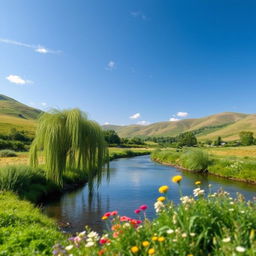 A serene landscape featuring a gentle river meandering through lush greenery and wildflowers