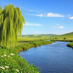 A serene landscape featuring a gentle river meandering through lush greenery and wildflowers