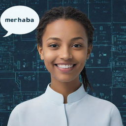 A friendly, smiling AI avatar greeting with 'Merhaba' in a speech bubble, against a background of digital circuitry.