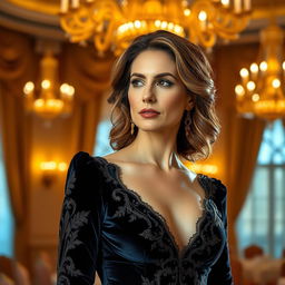 A portrait of an elegant woman dressed in a luxurious velvet gown, set against a grand ballroom backdrop