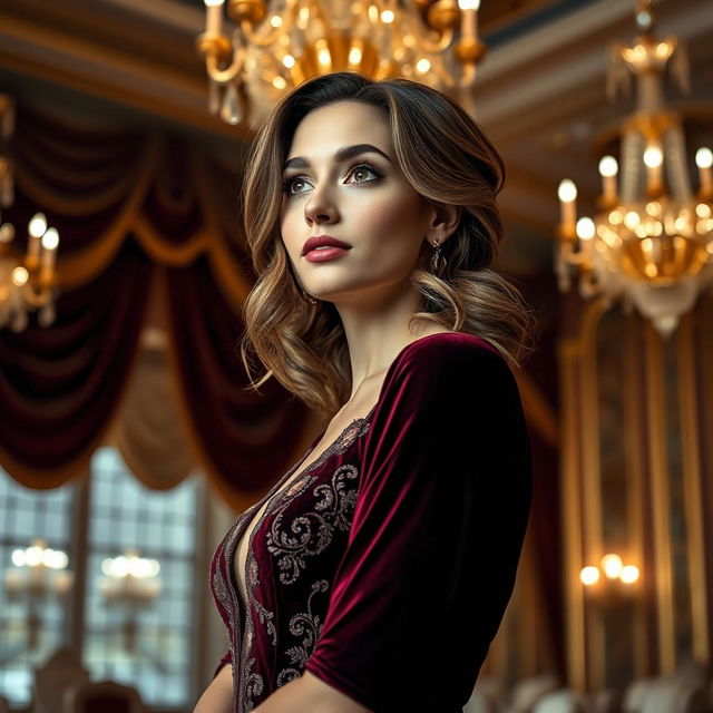 A portrait of an elegant woman dressed in a luxurious velvet gown, set against a grand ballroom backdrop