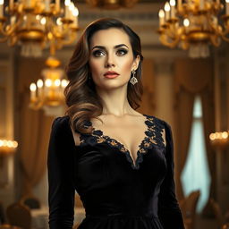 A portrait of an elegant woman dressed in a luxurious velvet gown, set against a grand ballroom backdrop