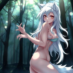 A sexy anime-style wolf girl with flowing white hair and a fluffy tail, presented in a suggestive pose