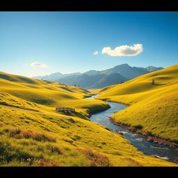 A beautiful, serene landscape with rolling hills covered in lush green grass under a clear blue sky