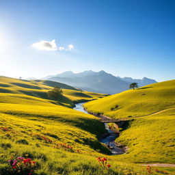 A beautiful, serene landscape with rolling hills covered in lush green grass under a clear blue sky