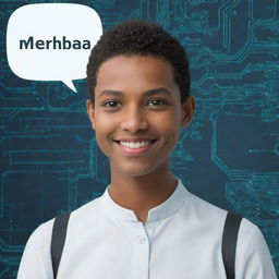 A friendly, smiling AI avatar greeting with 'Merhaba' in a speech bubble, against a background of digital circuitry.