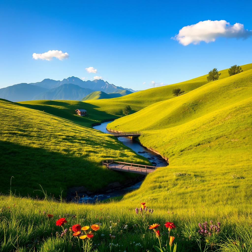 A beautiful, serene landscape with rolling hills covered in lush green grass under a clear blue sky