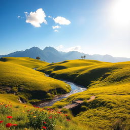 A beautiful, serene landscape with rolling hills covered in lush green grass under a clear blue sky