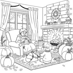 Black and white coloring book illustration capturing the essence of autumn with a detailed scene featuring an elderly woman knitting in an armchair in her living room with two small children playing on the rug